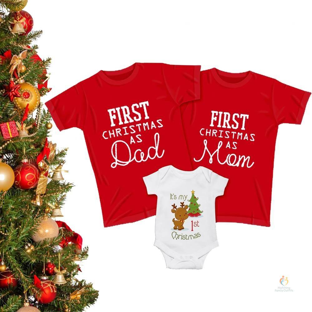 Matching Family Christmas T-Shirts & Baby Romper – Mom, Dad & Baby First Christmas Outfits