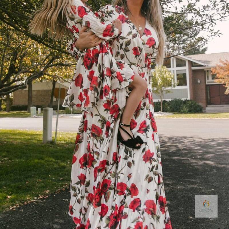 Floral Long sleeves Mother and Daughter Dress