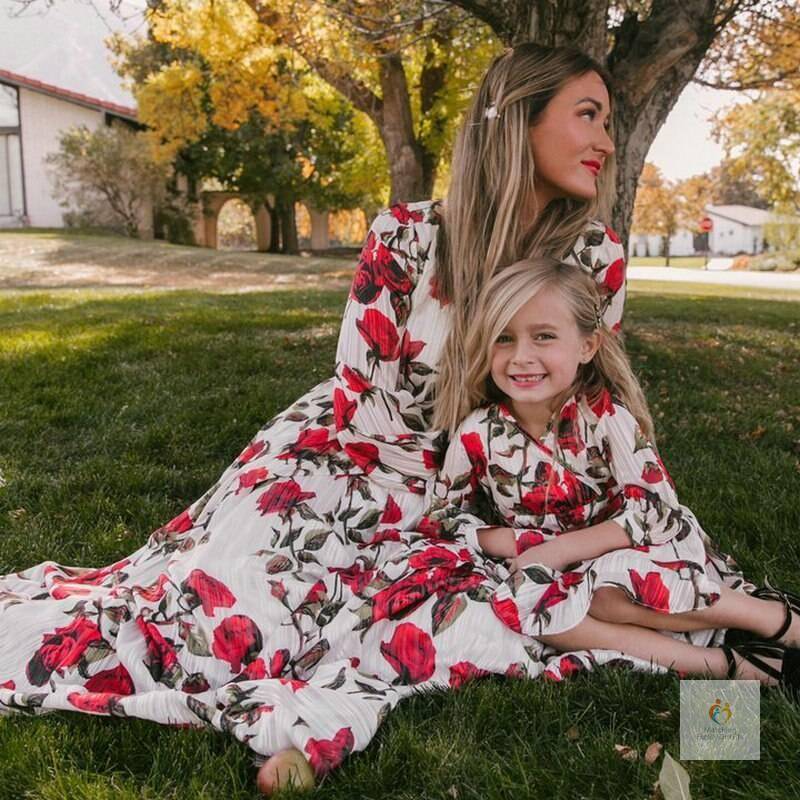 Floral Long sleeves Mother and Daughter Dress