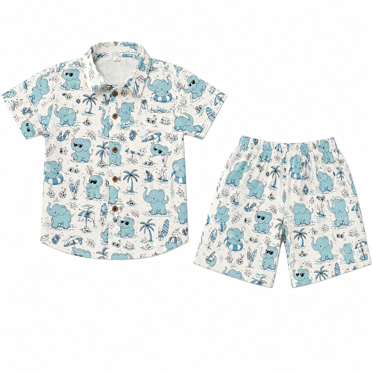 Blue Elephant Beach Print hand Printed 100%Cotton Kids Co-ord Sets