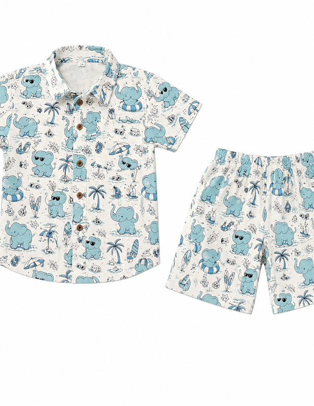 Blue Elephant Beach Print hand Printed 100%Cotton Kids Co-ord Sets