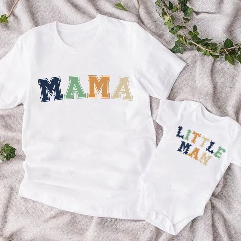 Mama Little Man Printed Family Matching Clothes Mother &amp; Son Short Sleeve Outfit Shirt Fashion Mom Boy T-shirt Tops Baby Bodsuit