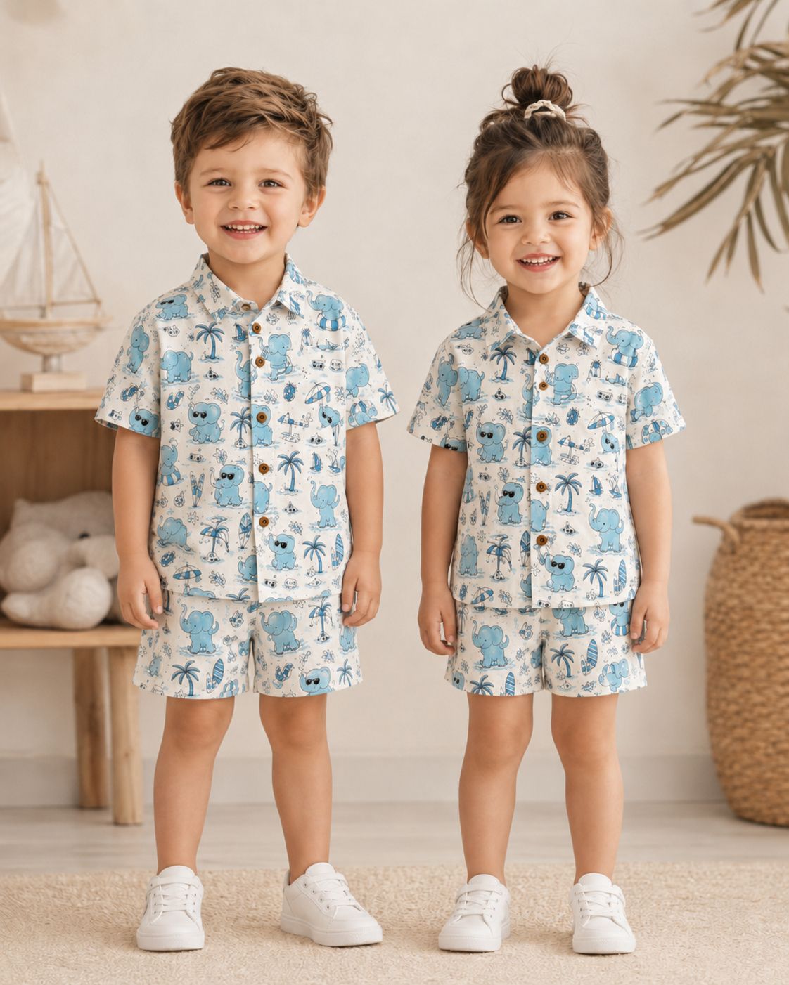 Blue Elephant Beach Print hand Printed 100%Cotton Kids Co-ord Sets