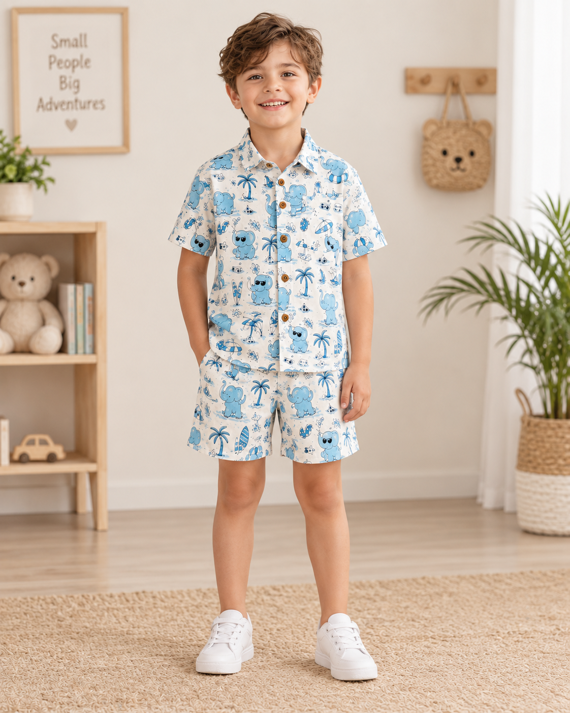 Blue Elephant Beach Print hand Printed 100%Cotton Kids Co-ord Sets