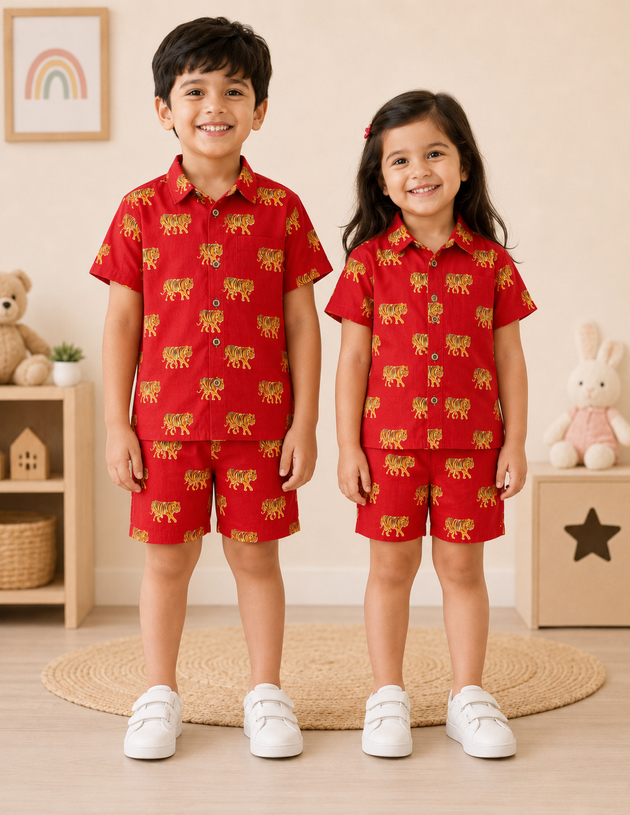 Crimson Tiger Hand Printed Cotton Kids Co ord sets