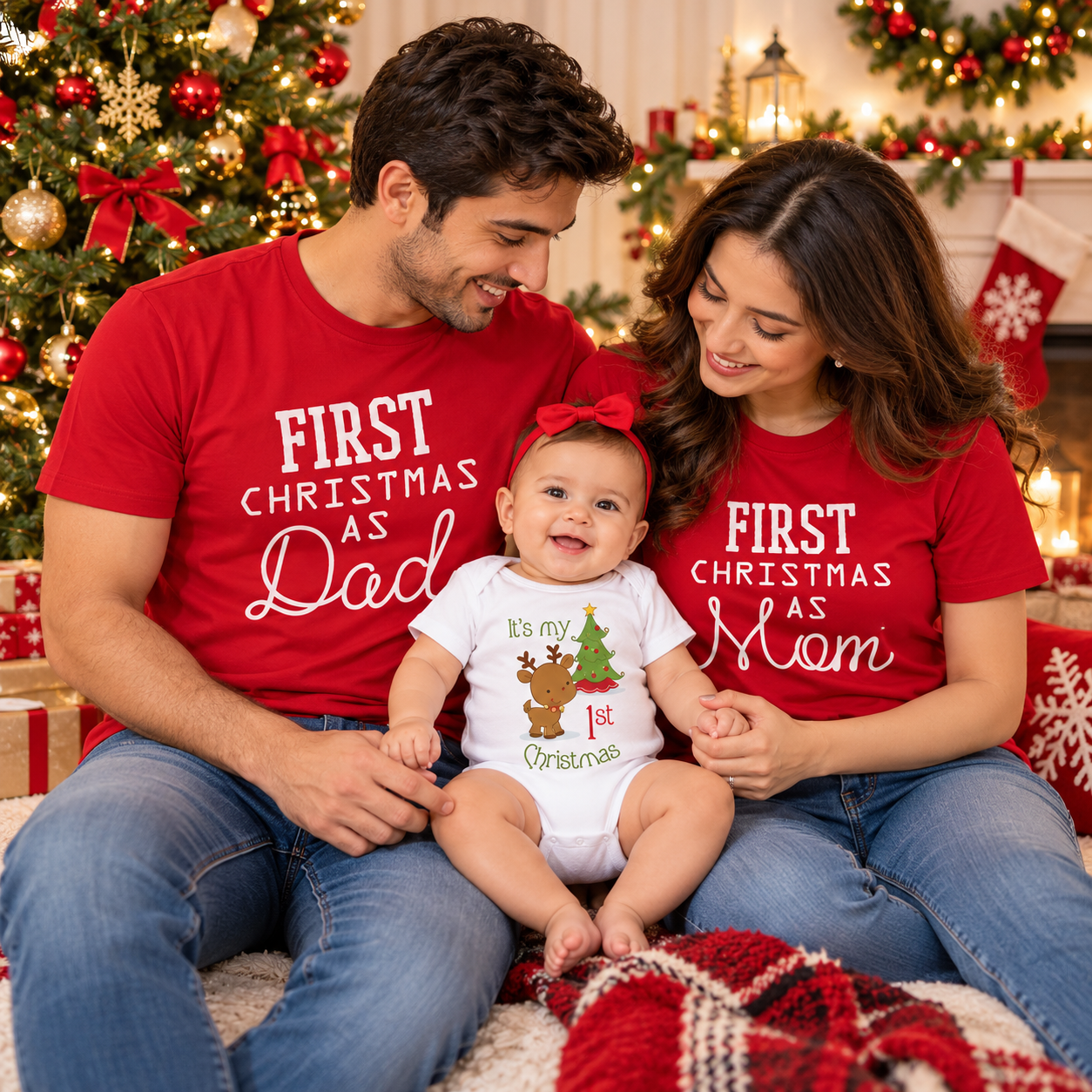 Matching Family Christmas T-Shirts & Baby Romper – Mom, Dad & Baby First Christmas Outfits