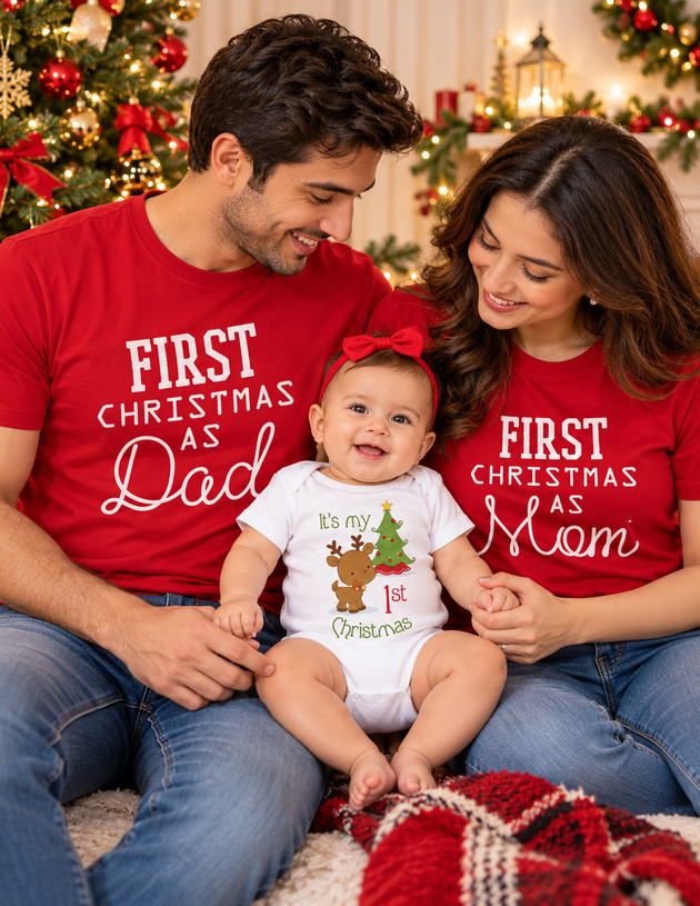 Matching Family Christmas T-Shirts & Baby Romper – Mom, Dad & Baby First Christmas Outfits