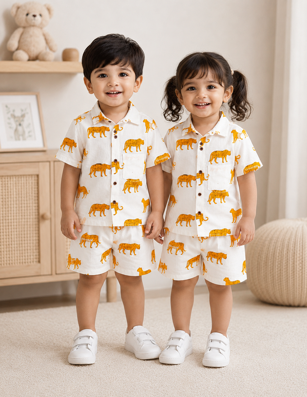 Golden Tiger Hand Printed 100% Cotton Kids Co ord sets