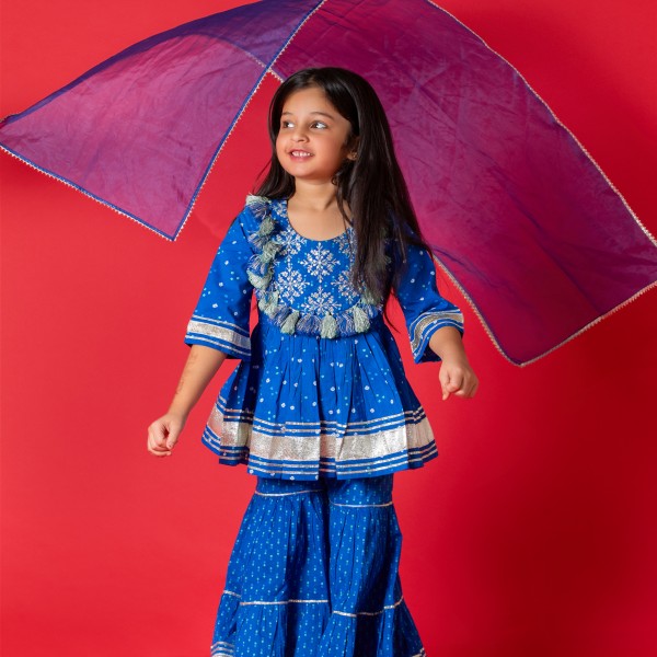 Mom & Me Royal Blue Sharara Set with Pom Pom Detailing