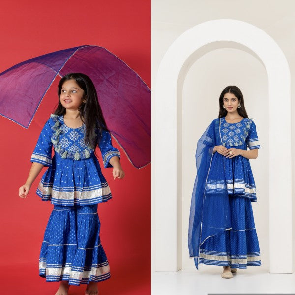 Mom & Me Royal Blue Sharara Set with Pom Pom Detailing