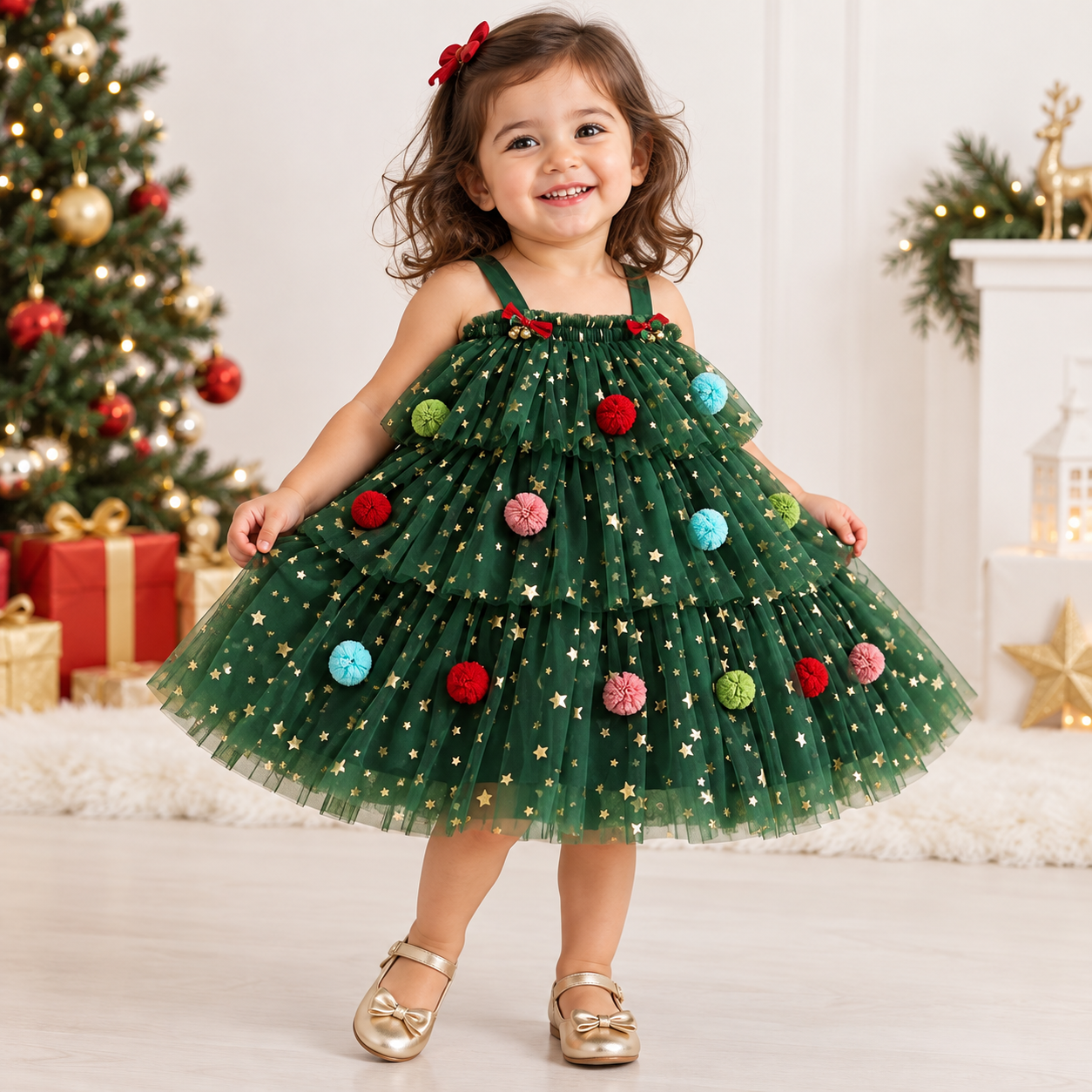 Mother Daughter Matching Christmas Dresses – Emerald Green Gold Star Tulle Party Dresses