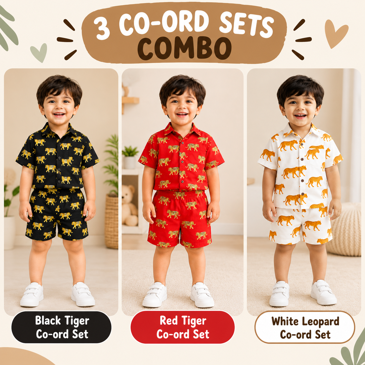 Kids Cotton Co-ord Sets Combo Pack of 3 | Animal Print Shirt & Shorts Sets UAE