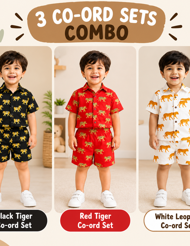 Kids Cotton Co-ord Sets Combo Pack of 3 | Animal Print Shirt & Shorts Sets UAE