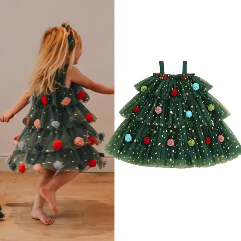 Little Girls Christmas Strap Dress with Plush Ball