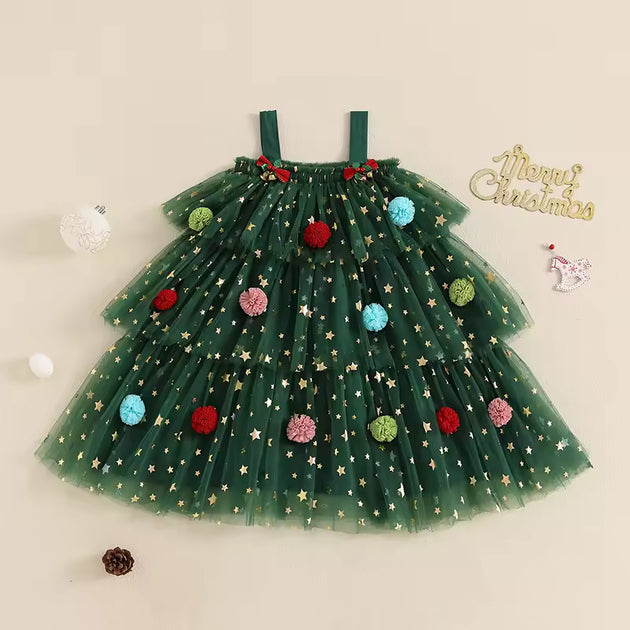 Little Girls Christmas Strap Dress with Plush Ball