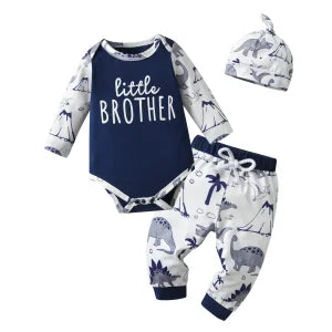Little Brother Dinosaur Baby Outfit – 3-Piece Set with Romper, Pants & Hat
