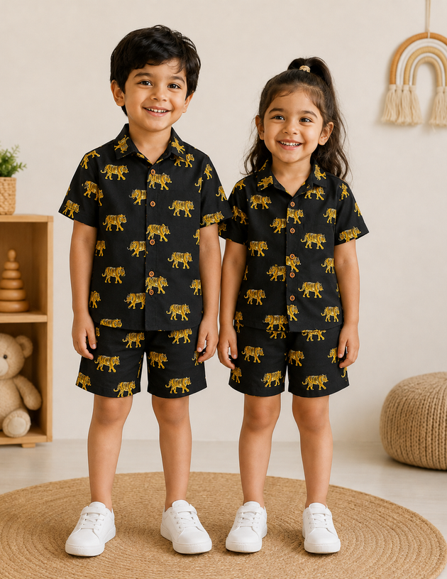 Midnight Tiger Kids 100% Cotton Shirt & Shorts Co-ord Set