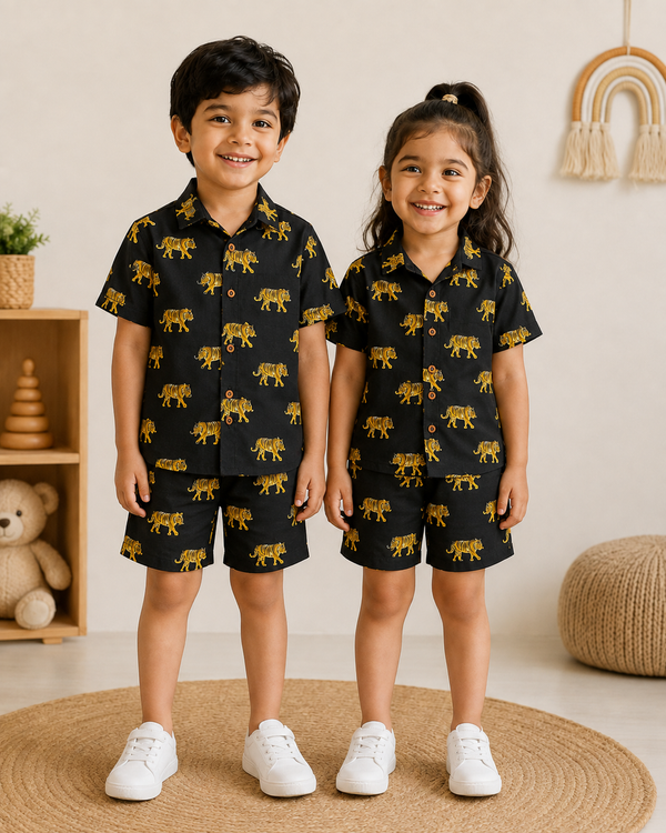 Midnight Tiger Kids 100% Cotton Shirt & Shorts Co-ord Set