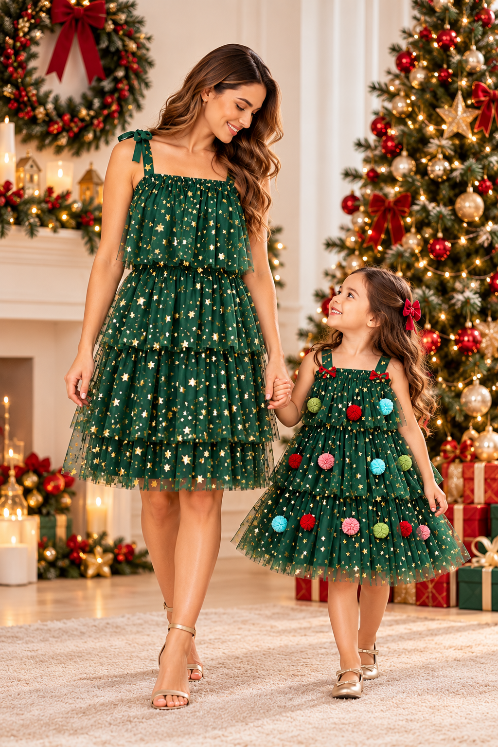 Mother Daughter Matching Christmas Dresses – Emerald Green Gold Star Tulle Party Dresses