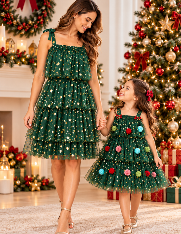 Mother Daughter Matching Christmas Dresses – Emerald Green Gold Star Tulle Party Dresses