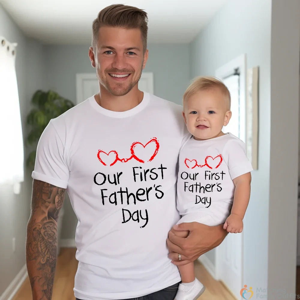 Father & Baby Matching Outfit – Our First Father’s Day T-Shirt and Romper Set, New Dad Gift Idea