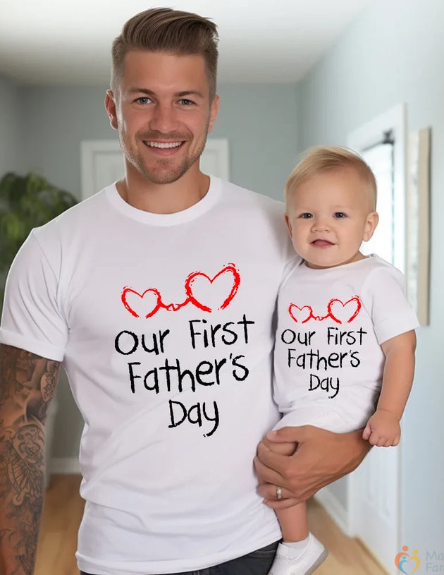 Father & Baby Matching Outfit – Our First Father’s Day T-Shirt and Romper Set, New Dad Gift Idea