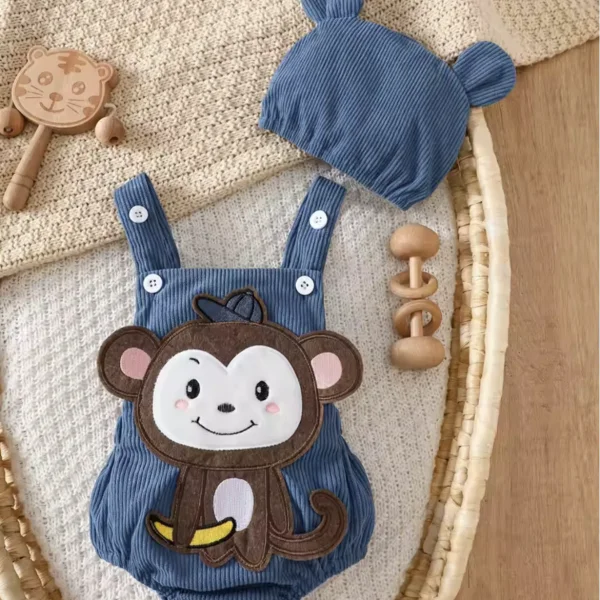 Monkey Patch Baby Dungaree with Matching Cap – Corduroy Baby Outfit
