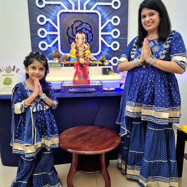 Mom & Me Royal Blue Sharara Set with Pom Pom Detailing