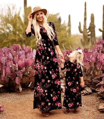 Summer Parent child Wear Long Sleeve Skirt Mother And Daughter Dress Floral Print Matching Outfits Casual