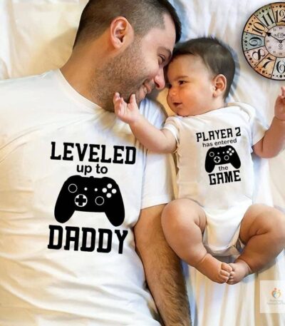 Baby Romper Pregnancy Announcement Gift Player 2 Enter Game Leveled Up To Dad T Shirts Daddy and Son Matching Family Fun