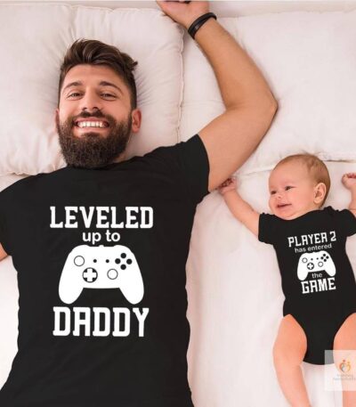 Baby Romper Pregnancy Announcement Gift Player 2 Enter Game Leveled Up To Dad T Shirts Daddy and Son Matching Family Fun 5
