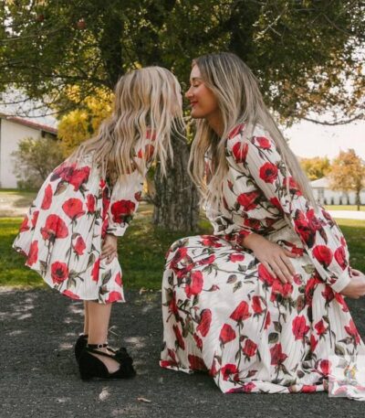 2021 Mom And Daughter Floral Long Sleeve Dress Clothes Family Look Matching Outfits Wedding Party Mommy And Me Long Dres