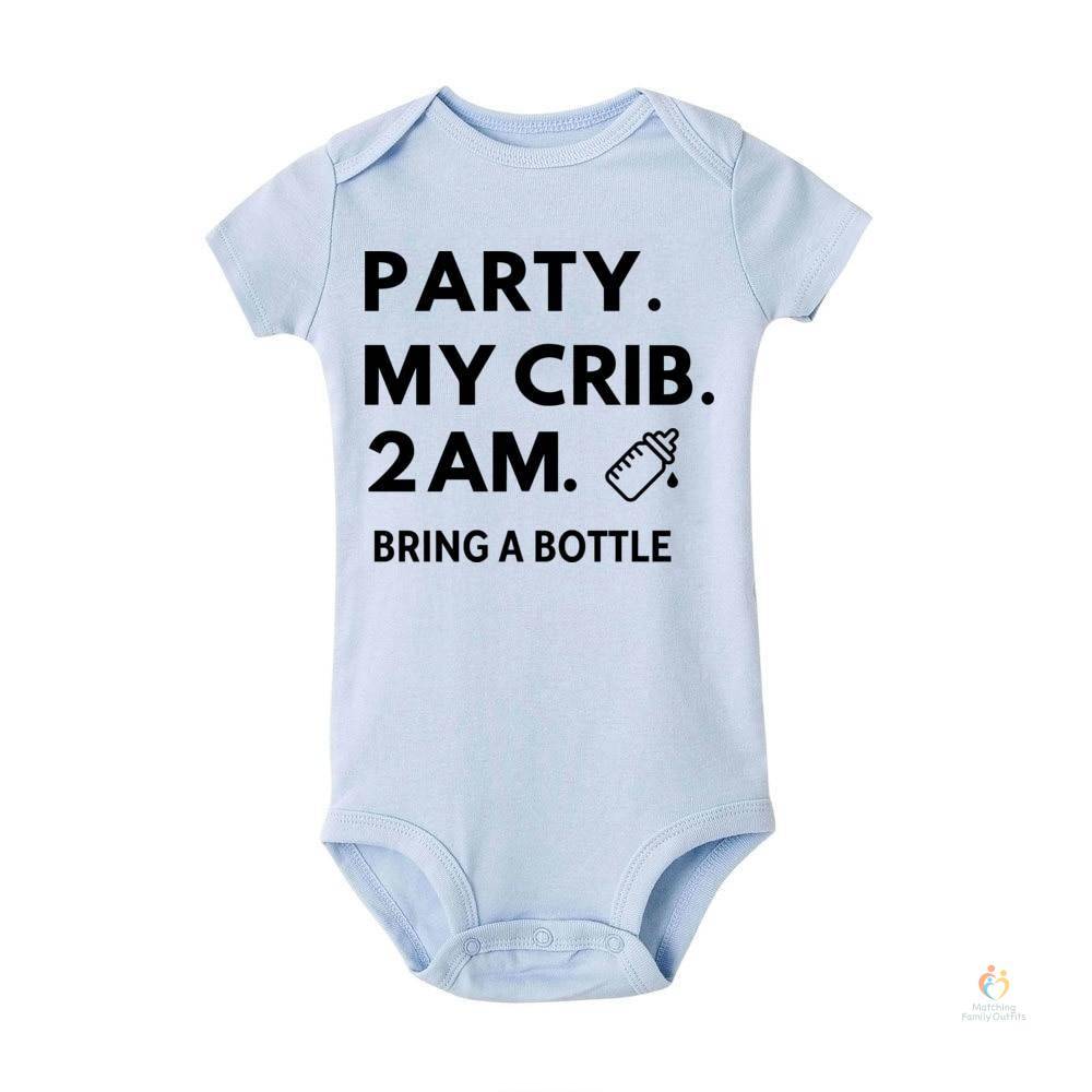 Party At My Crib Bodysuit Funny Baby Clothes Cute Jumpsuit Boys Girls Clothes Newborn White Casual Romper Infant Party Gift