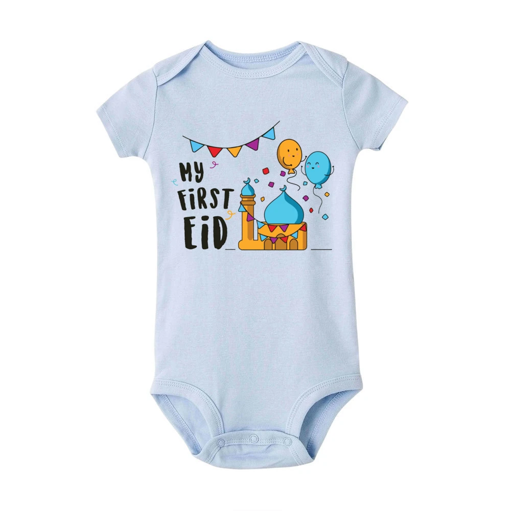 My First Eid Printed Newborn Infant Clothes Eid Party Baby Toddler Jumpsuits Boys Girls Short Sleeve Bodysuits Ramadan Outfits