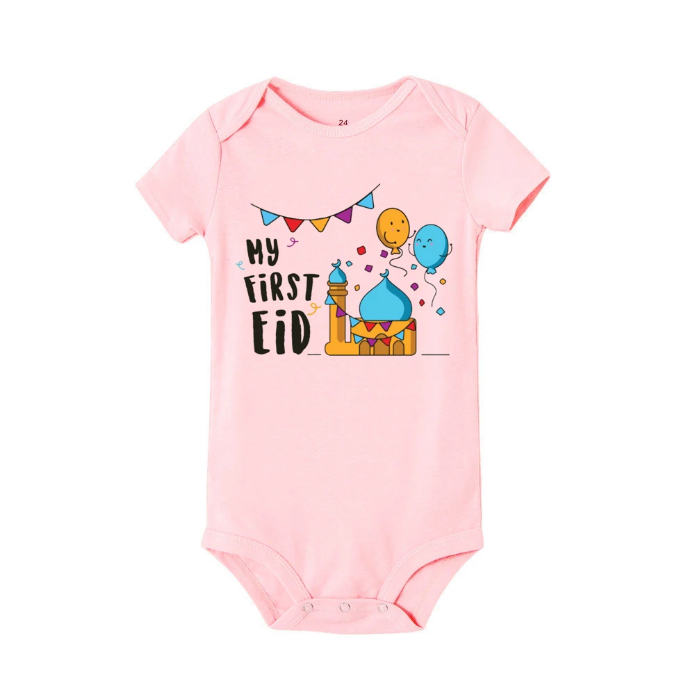 My First Eid Printed Newborn Infant Clothes Eid Party Baby Toddler Jumpsuits Boys Girls Short Sleeve Bodysuits Ramadan Outfits