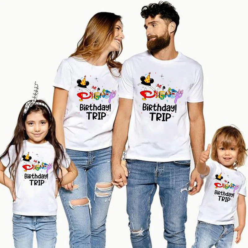 Disney Birthday Trip Family Matching Shirts Cotton Dad Mom Kids T-shirts Baby Rompers Funny Family Look Birthday Outfits