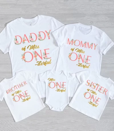 Miss ONE-derful Birthday Family Shirts Floral 1st Birthday Girl Mom Dad Brother Sister Matching Tops Tee Birthday Party Outfits