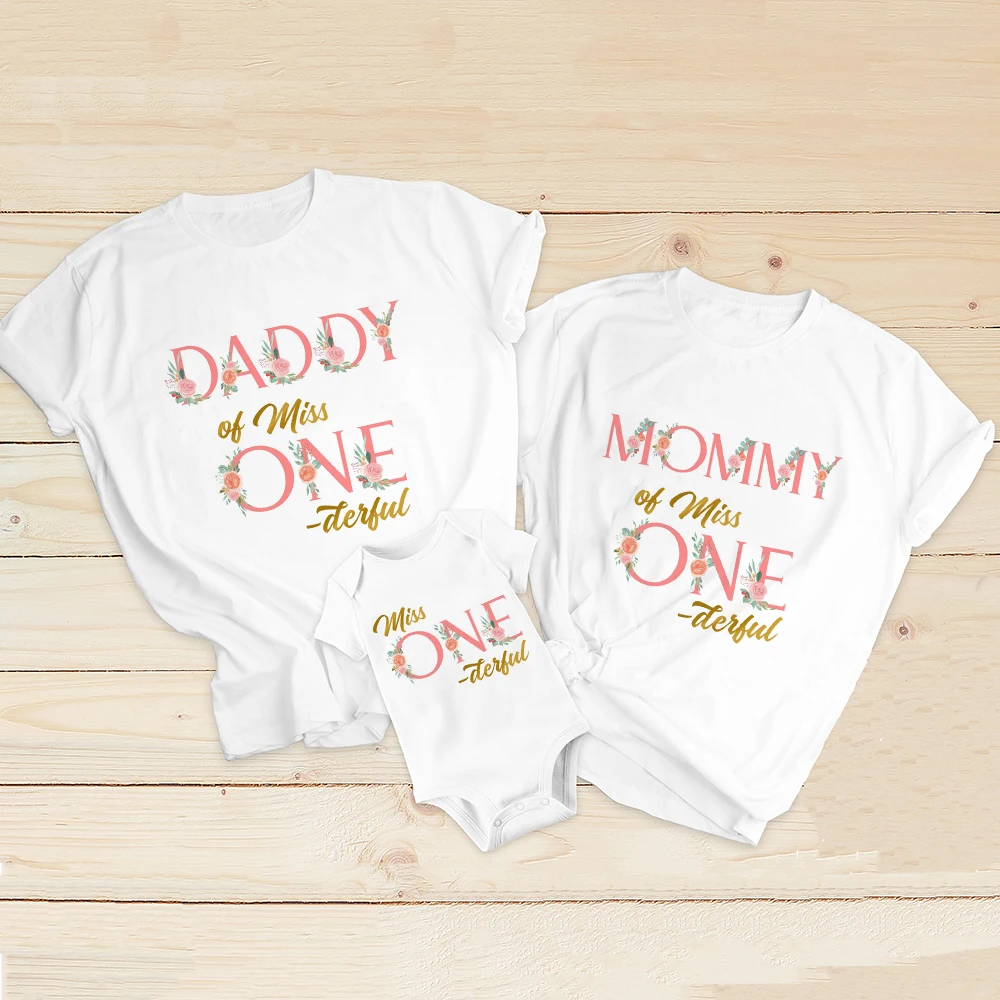 Miss ONE-derful Birthday Family Shirts Floral 1st Birthday Girl Mom Dad Brother Sister Matching Tops Tee Birthday Party Outfits