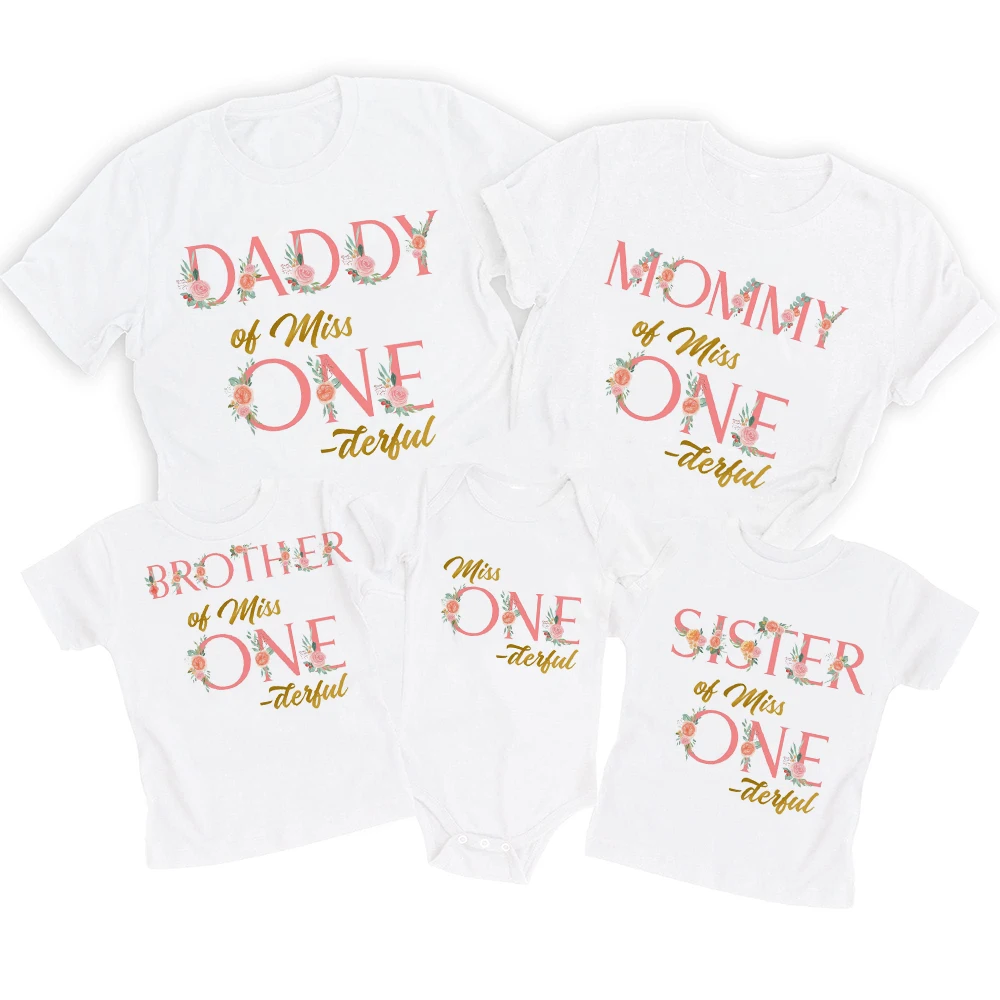 Miss ONE-derful Birthday Family Shirts Floral 1st Birthday Girl Mom Dad Brother Sister Matching Tops Tee Birthday Party Outfits