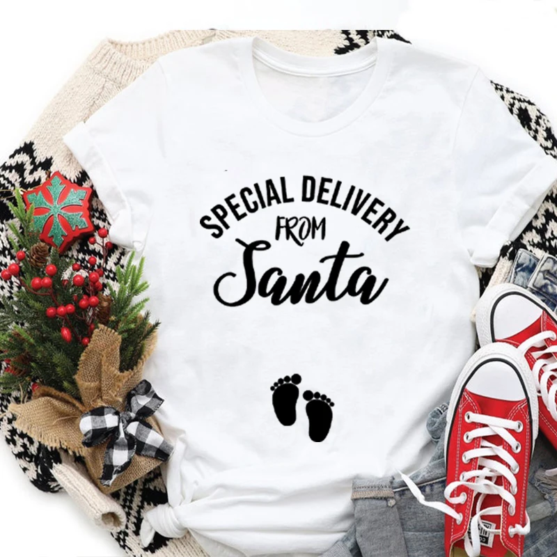 From Santa Tshirt Christmas Pregnancy Announcement Shirt Christmas Baby T-Shirt Gothic Tops Casual Christmas Women Clothes