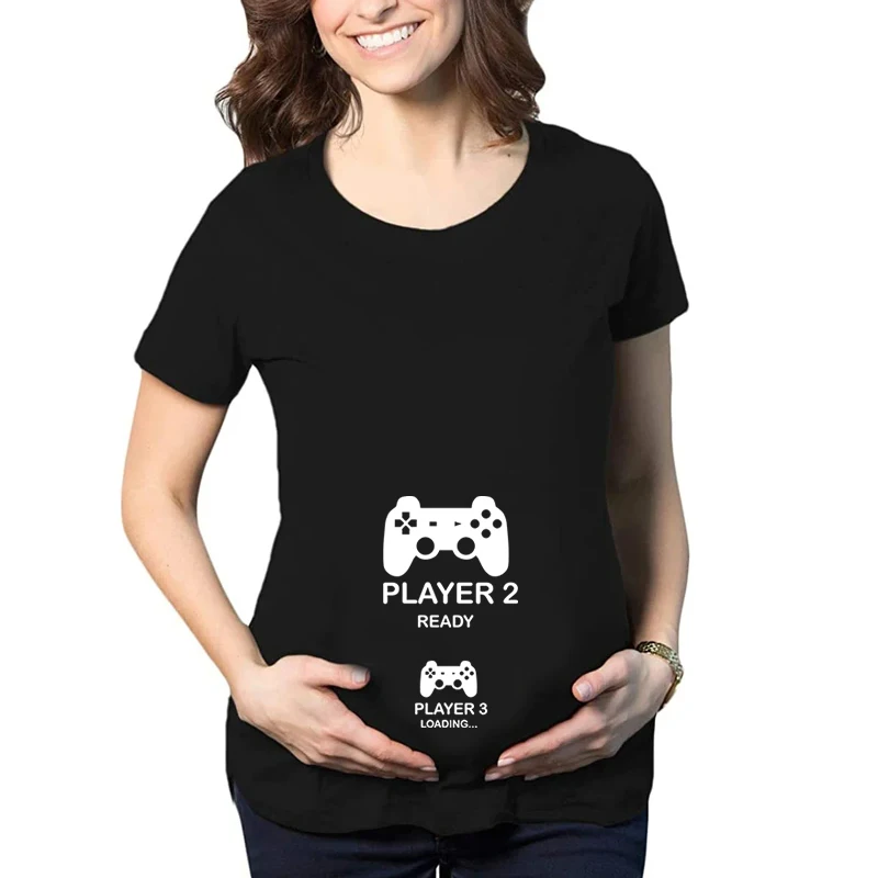 Women Maternity Tshirt Player 1/2 Ready Player 3 Loading Graphic T Shirts Dad To Be Mama To Be Pregnancy Announcement T-shirts