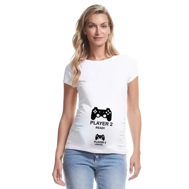 Women Maternity Tshirt Player 1/2 Ready Player 3 Loading Graphic T Shirts Dad To Be Mama To Be Pregnancy Announcement T-shirts