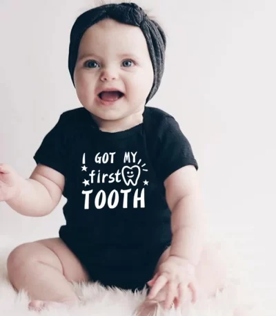 Cute Toddler Clothing Cotton I Got My First Tooth Letter Print Bodysuits Summer Short Sleeve Newborn Boys Girls Rompers
