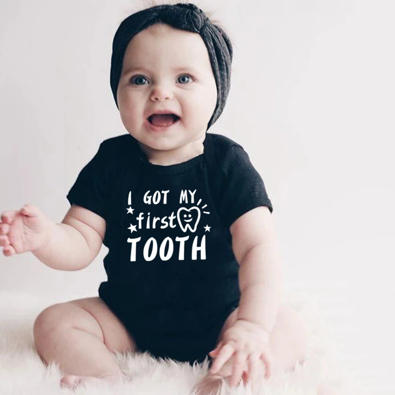 Cute Toddler Clothing Cotton I Got My First Tooth Letter Print Bodysuits Summer Short Sleeve Newborn Boys Girls Rompers