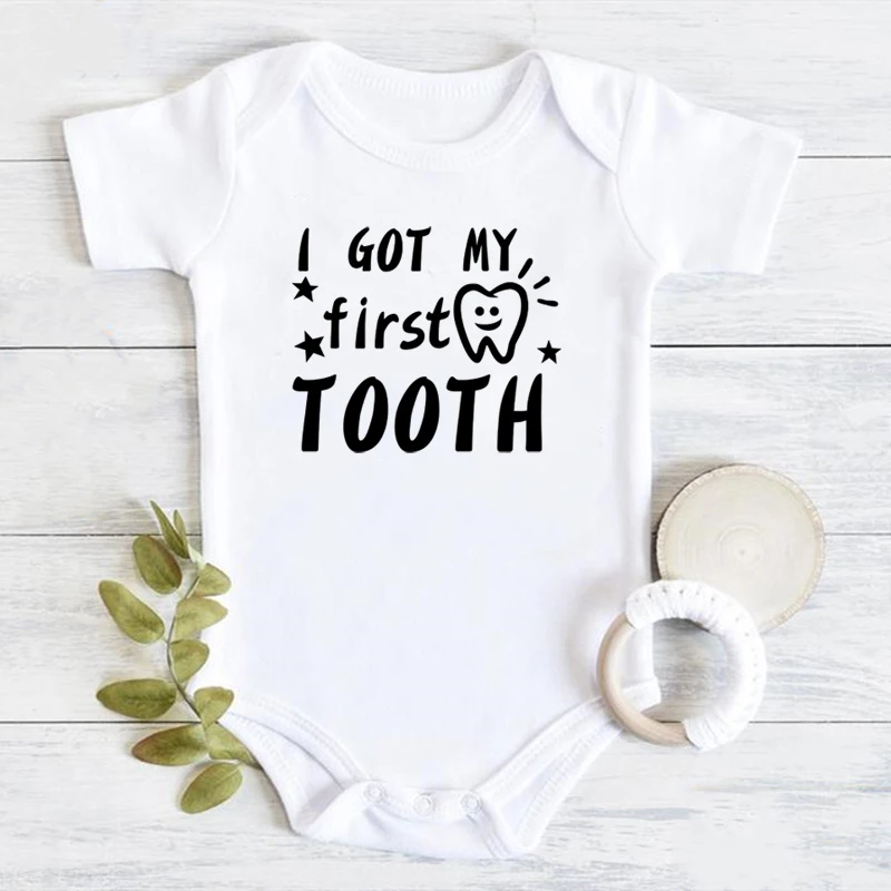 Cute Toddler Clothing Cotton I Got My First Tooth Letter Print Bodysuits Summer Short Sleeve Newborn Boys Girls Rompers