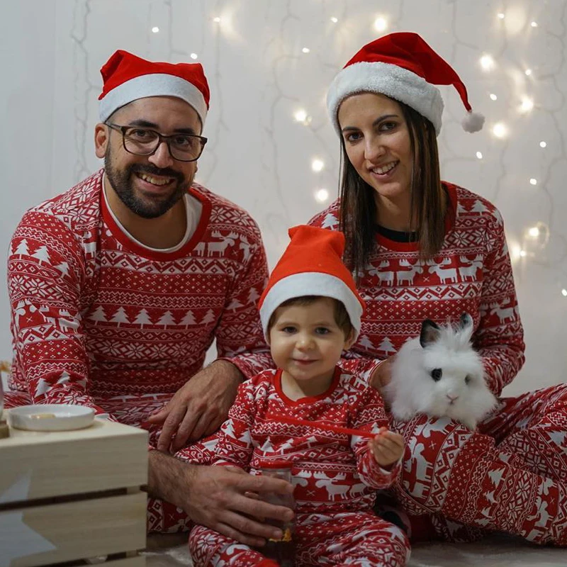 Christmas Family Matching Pajamas Outfits Set Classic Elk Red Print Adult Dad Father Mother Kids Sleepwear Baby Boy Girl Clothes