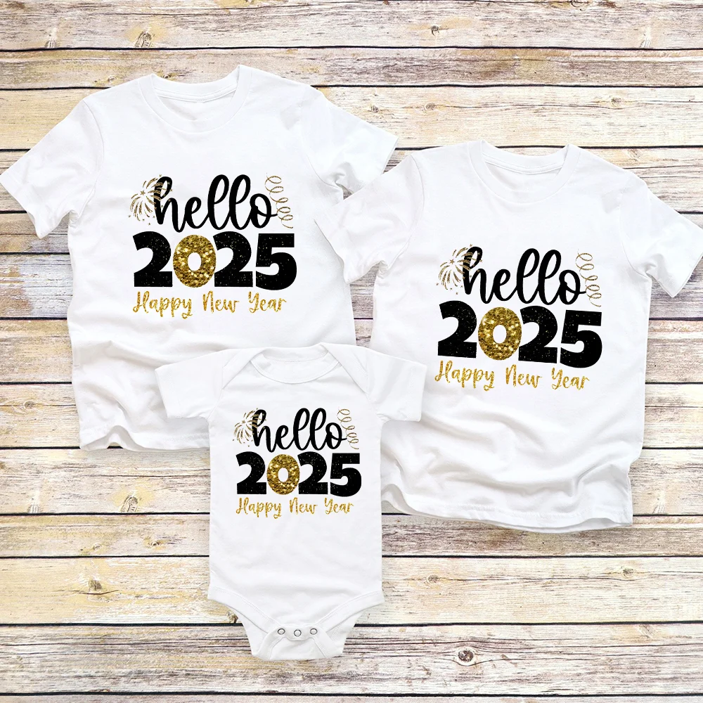 Happy New Year Hello 2025 Family Matching Outfits Daddy Mommy Kids T-shirt Baby Romper Family Shirts New Year Family Clothes