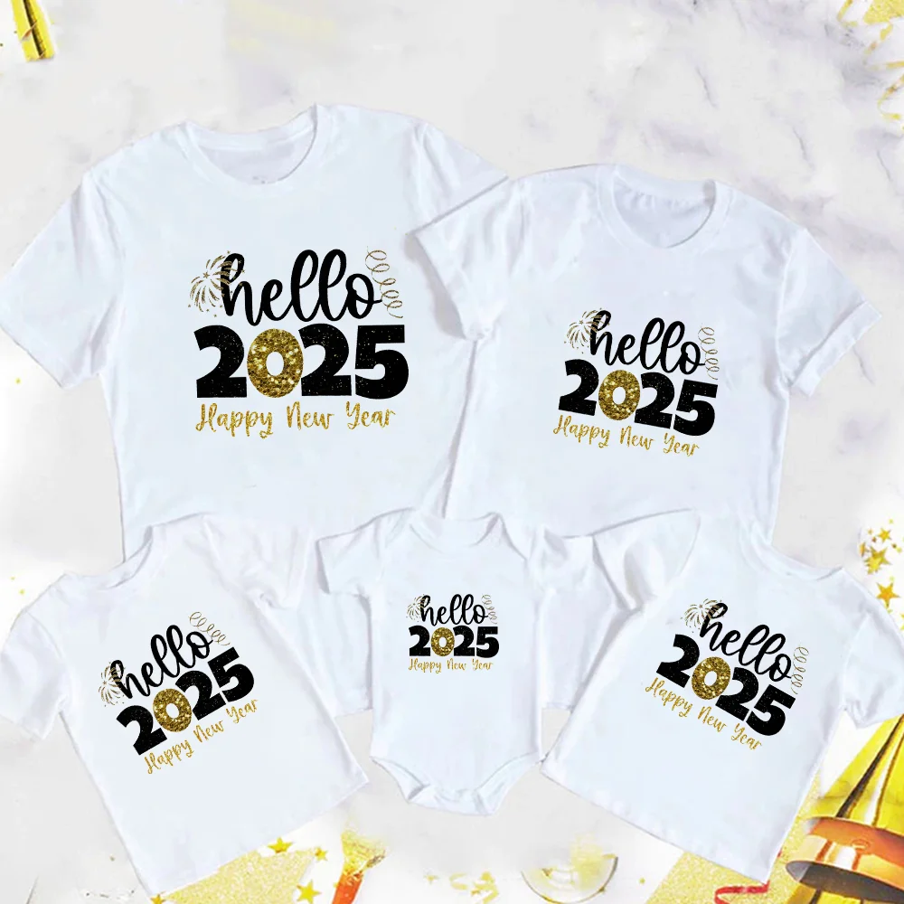 Happy New Year Hello 2025 Family Matching Outfits Daddy Mommy Kids T-shirt Baby Romper Family Shirts New Year Family Clothes