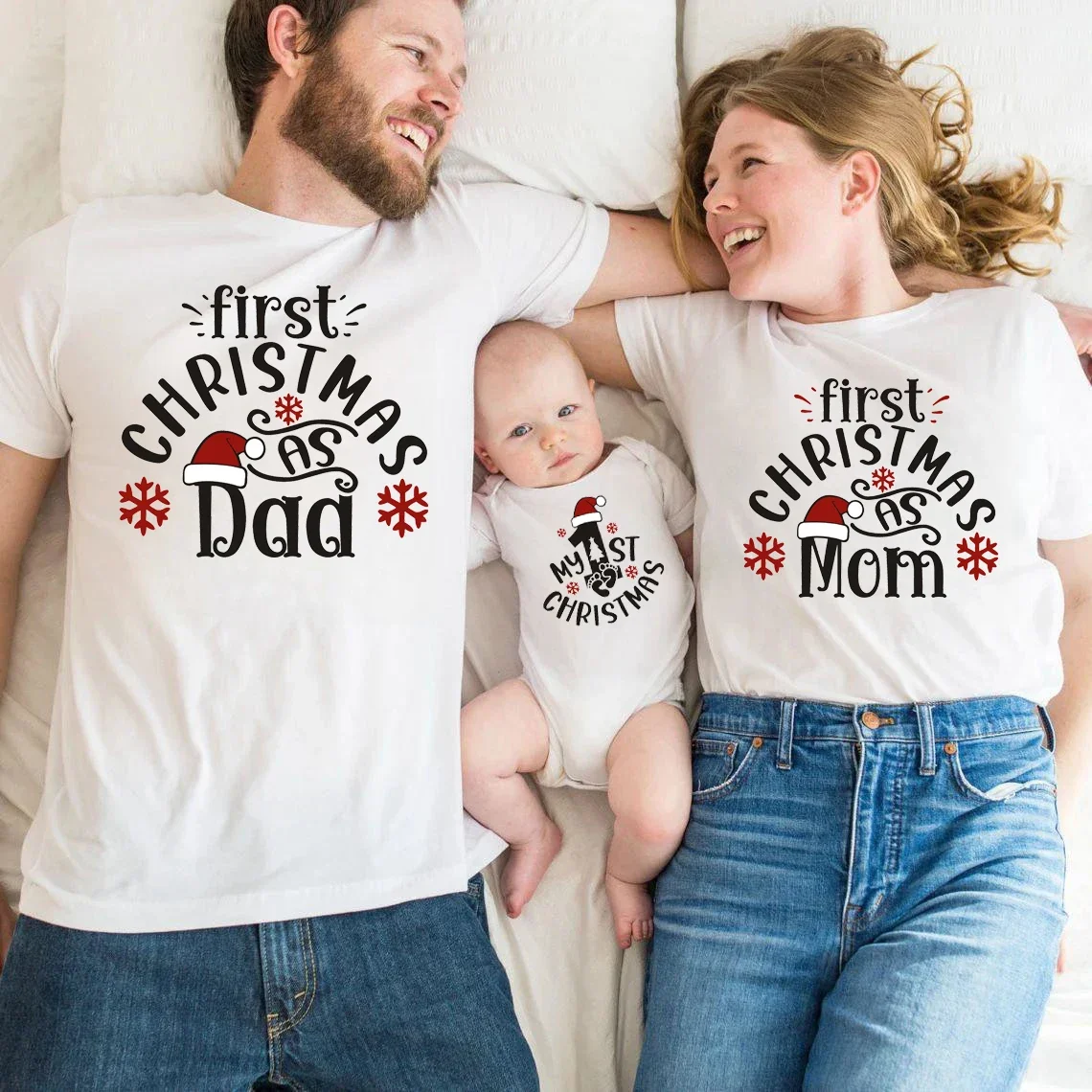 New First Christmas Family Matching Shirts Funny First Christmas As Dad/ Mom Baby 1st Xmas Family Look Holiday Tshirts Outfits