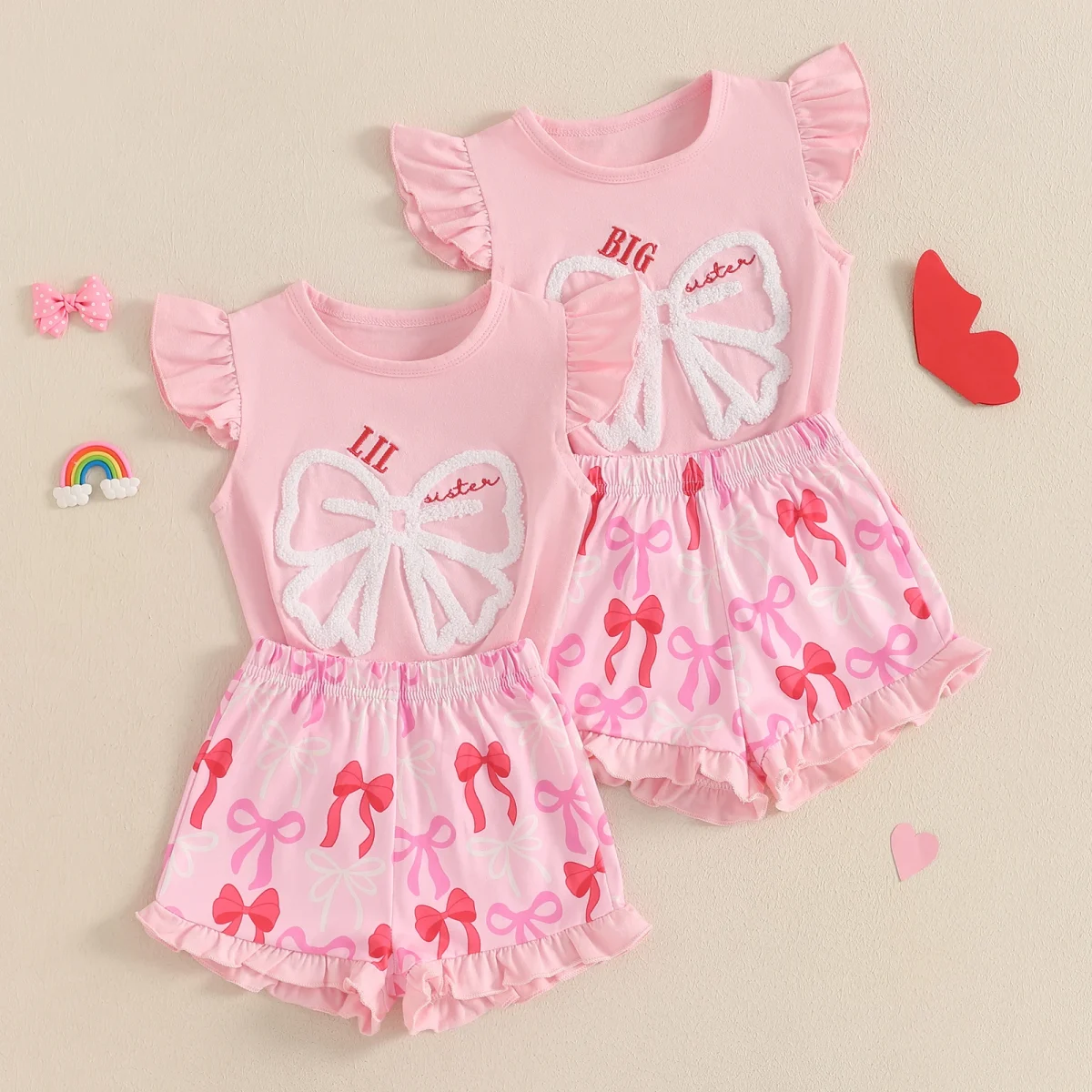MISOWMNJOY Summer Family Matching Baby Sister Outfit Princess Bow Fly Sleeve Tops Ruffle Shorts 2 Piece Toddler Clothes Set